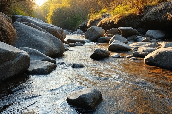 serene journey offers, peaceful, meditating by a riverbank, photorealistic, tranquil stream flowing through rocky terrain, highly detailed, gentle ripples and sunflecks on water, 8K resolution, earthy browns and greens, warm late afternoon lighting, shot with a 24-70mm zoom lens.