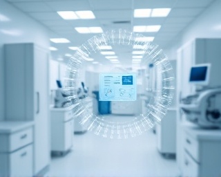 leading-edge AI advancement, creative expression, developing AI for healthcare, photorealistic, clinical setting with cutting-edge lab equipment, highly detailed, holographic medical records spinning, 5K resolution, sterile whites and blues, fluorescent lighting, shot with a macro lens.