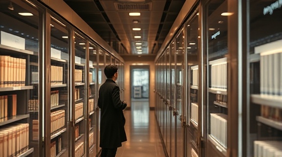 sleek AI library, intrigued, accessing archives, photorealistic, futuristic cubicles with holographic displays, highly detailed, shifting holograms, 50mm lens, sepia tones, soft glow, shot with a standard lens.