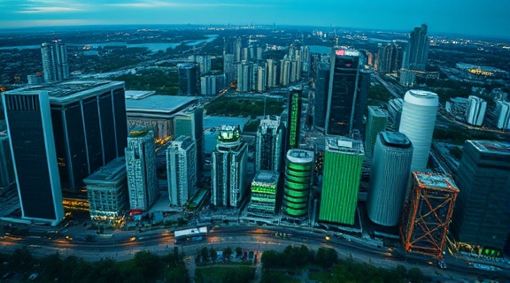 revolutionary AI transformation, purposeful expression, optimizing machine learning systems, photorealistic, outdoor setting with a sprawling city backdrop, highly detailed, dynamic real-time data overlay, laser-sharp focus, jade green and steel colors, dusk lighting, shot with an ultra-wide lens.