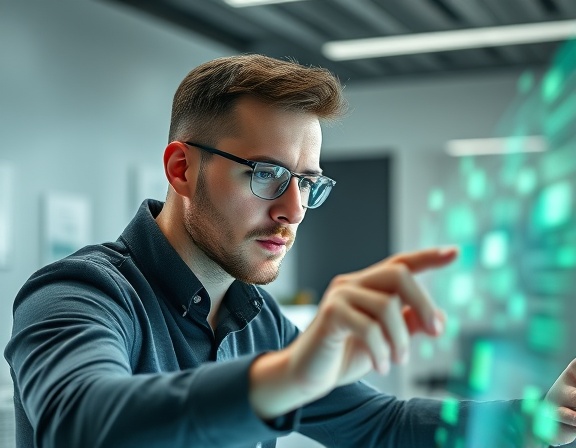 advanced AI management tool, expression of concentration, skillfully operating the interface, photorealistic, modern workspace with clean, minimalist design, highly detailed, holographic interface elements, 4k resolution, silver and green, bright balanced lighting, shot with a 50mm lens.