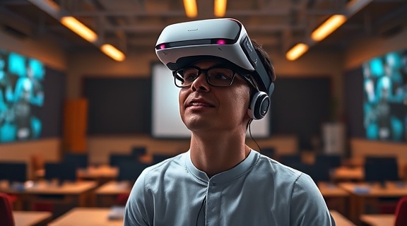 revolutionary AI learning tool, expression of wonder, acquiring mastery skills, photorealistic, an interactive classroom with virtual reality setups, highly detailed, immersive VR elements and projections, 8k resolution, earthy tones and neon highlights, multi-source wide lighting, shot with a 16mm lens.