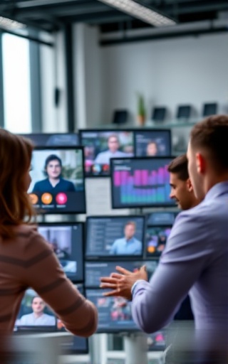 AI collaborative tool, expression of teamwork, orchestrating group tasks, photorealistic, a virtual office with digital avatars in focus, highly detailed, task management interfaces in motion, UHD, lavender and black, diffuse day lighting, shot with a 24mm lens.