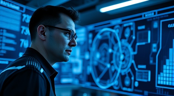 state-of-the-art AI automation, focused expression, integrating AI with human tasks, photorealistic, in a futuristic workspace, highly detailed, interactive digital boards, supreme clarity, monochrome with splashes of electric blue, backlit glow, shot with a 50mm lens.