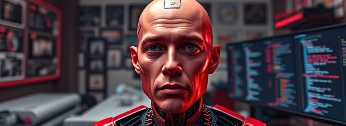 innovative AI development tool, expression of intrigue, innovating new solutions, photorealistic, a creative studio with walls covered in mind maps and concept art, highly detailed, screens displaying evolving AI code, UHD, ruby red and chrome, soft natural lighting, shot with a 35mm lens.