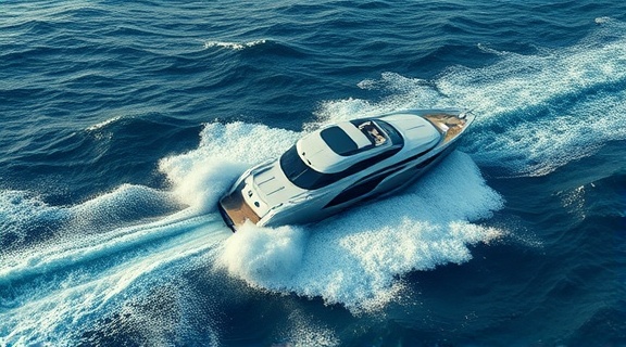 adventurous AI path, daring, navigating turbulent waves, photorealistic, vast ocean with a futuristic yacht battling high seas, highly detailed, crashing waves and spray, 8K resolution, deep ocean blues, dramatic lighting, shot with a 70-200mm telephoto lens.