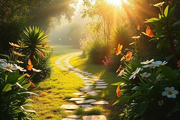 dynamic offers journey, encouraged, following the path of light, photorealistic, sun-dappled trail winding through lush garden, highly detailed, butterflies fluttering and vibrant flowers, 8K resolution, pastel yellows and greens, natural lighting, shot with a 50mm prime lens.