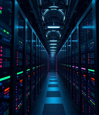 intelligent AI analysis tool, expression of curiosity, exploring complex datasets, photorealistic, a futuristic data center with endless rows of processors, highly detailed, AI algorithms visualized as colorful patterns, 4k resolution, cyan and grey, dimly lit with cool LED accents, shot with an 85mm lens.