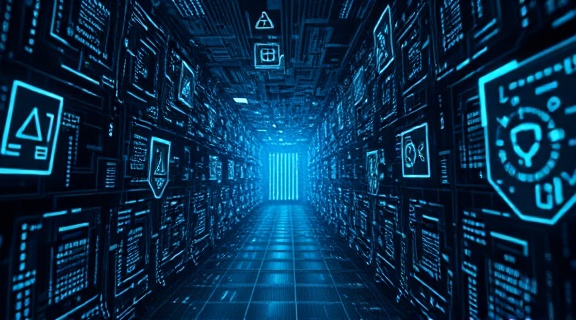 enigmatic AI journey, inquisitive, delving into the unknown, photorealistic, labyrinthine digital matrix glowing with data streams, highly detailed, flickering code and floating interface elements, 4K resolution, cool blues and silvers, low lighting, shot with a 24mm wide-angle lens.