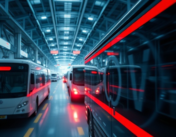 sophisticated AI automation, determined expression, managing logistic networks, photorealistic, inside a transportation hub with glowing pathway indicators, highly detailed, AI guided vehicles in view, pristine high-resolution, sleek metallic and red highlights, directional lighting, shot with a long focus lens.