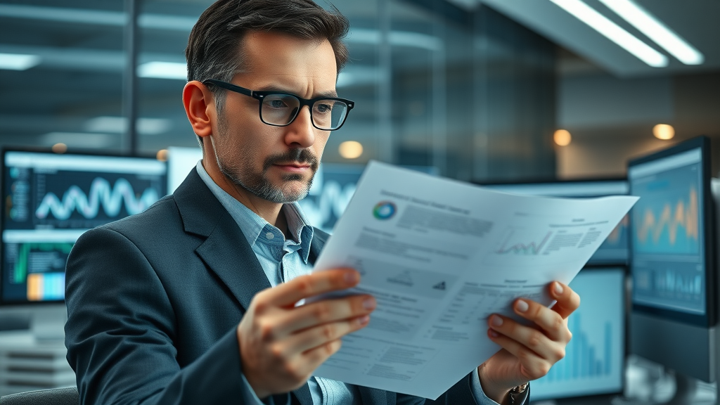 Concerned business analyst reviewing AI-generated report in corporate setting
