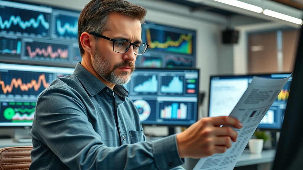 Focused expert analyzing AI data validation reports at professional workspace with multiple screens