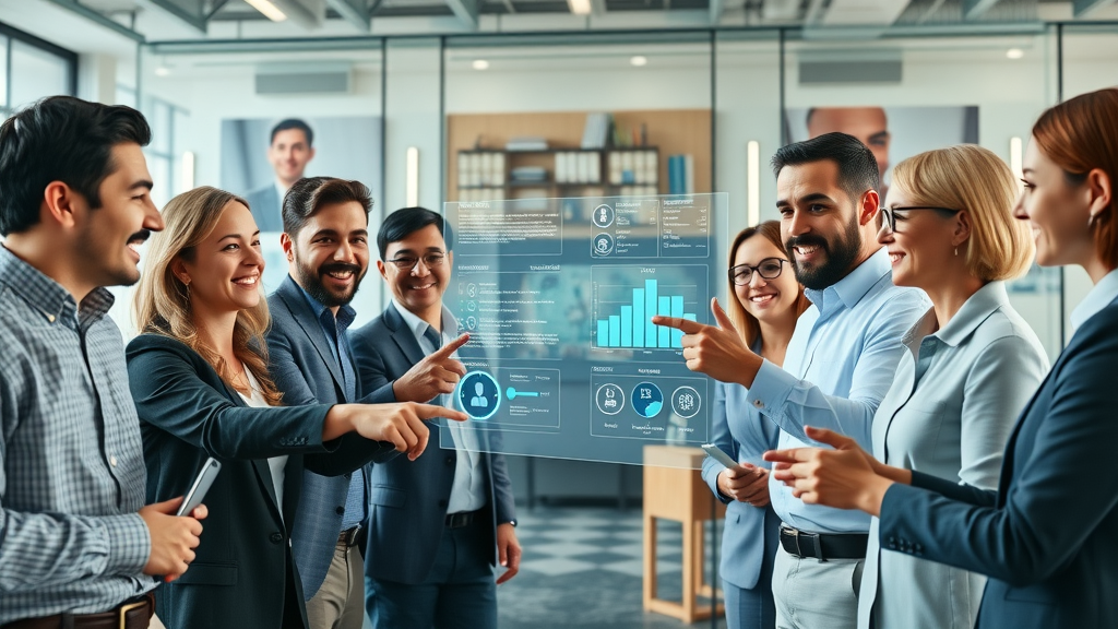 Diverse team collaborating with AI interface over digital validation dashboard