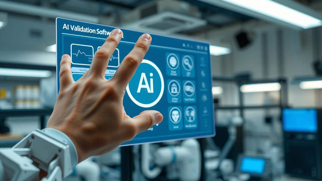 Hand selecting AI validation tool on digital touch screen in tech-savvy lab environment