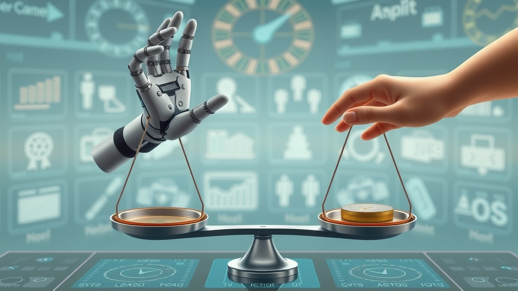 Robotic and human hands hovering over digital scales representing decision making