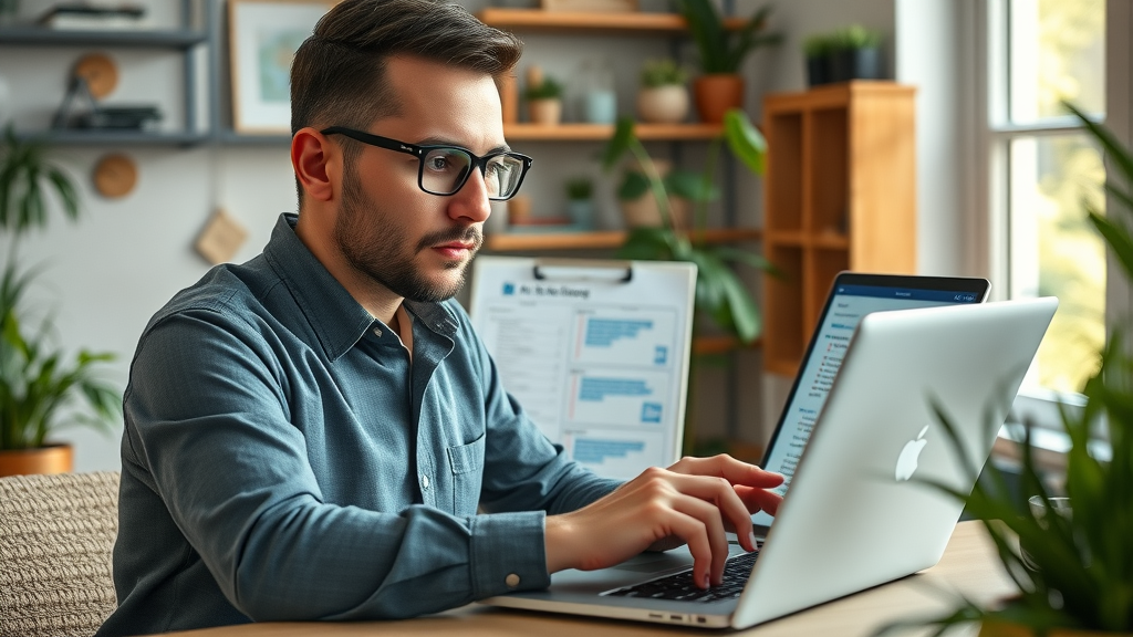 Professional verifying AI-generated report on laptop in home office setting