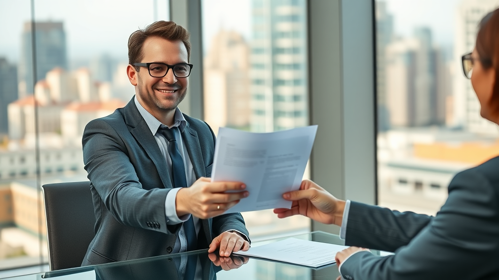 Satisfied business consultant delivering client report in modern office setting