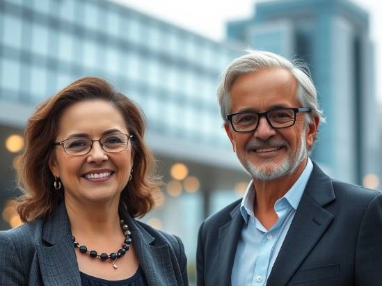 50 year old business man and business woman in a professional meeting.