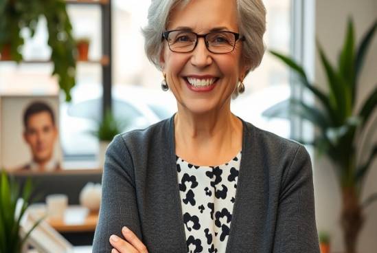 Successful 50-year-old business woman celebrating achievement with AI technology.