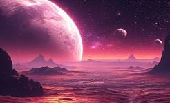 epic AI future, optimistic expression, envisioning interstellar opportunities, photorealistic, seen from a colony on a distant planet with alien landscapes, highly detailed, stars and asteroids in the sky, ultra-high definition, deep purple and gold hues, cosmic ambient light, shot with a satellite lens.
