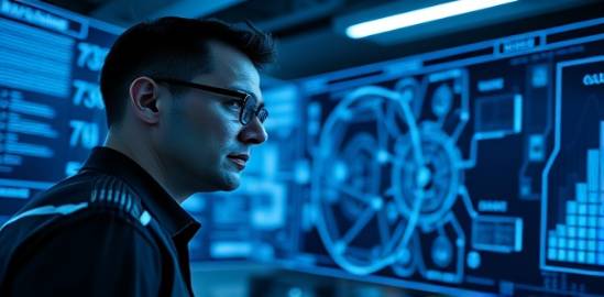 state-of-the-art AI automation, focused expression, integrating AI with human tasks, photorealistic, in a futuristic workspace, highly detailed, interactive digital boards, supreme clarity, monochrome with splashes of electric blue, backlit glow, shot with a 50mm lens.