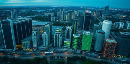 revolutionary AI transformation, purposeful expression, optimizing machine learning systems, photorealistic, outdoor setting with a sprawling city backdrop, highly detailed, dynamic real-time data overlay, laser-sharp focus, jade green and steel colors, dusk lighting, shot with an ultra-wide lens.