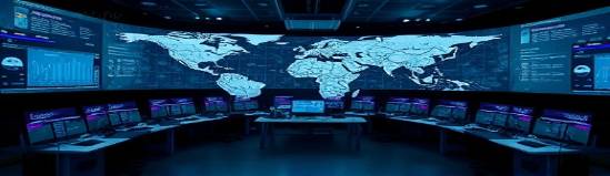next-gen AI transformation, forward-looking expression, linking AI to universal networks, photorealistic, in an expansive control center with multi-monitor setups, highly detailed, interactive global maps, ultra-definition, rich navies and cobalts, soft focused light, shot with a panoramic lens.
