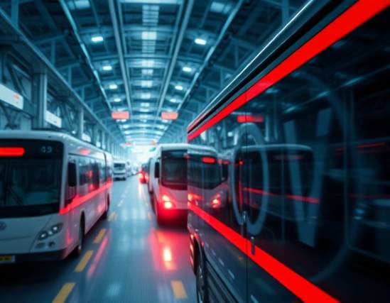 sophisticated AI automation, determined expression, managing logistic networks, photorealistic, inside a transportation hub with glowing pathway indicators, highly detailed, AI guided vehicles in view, pristine high-resolution, sleek metallic and red highlights, directional lighting, shot with a long focus lens.