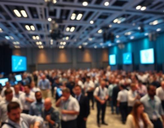 pioneering AI advancement, insightful expression, devising AI-driven solutions, photorealistic, busy tech conference hall, highly detailed, motion capture sensors abound, high clarity imaging, ivory and azure tones, artificial lighting, shot with a tilt-shift lens.