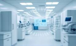 leading-edge AI advancement, creative expression, developing AI for healthcare, photorealistic, clinical setting with cutting-edge lab equipment, highly detailed, holographic medical records spinning, 5K resolution, sterile whites and blues, fluorescent lighting, shot with a macro lens.