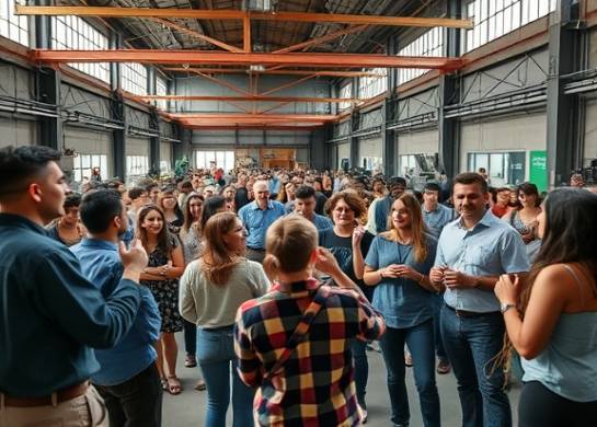 lively workshop event, enthusiastic, people interacting and collaborating, photorealistic, in a modern industrial space with large windows and visible machinery, highly detailed, dynamic group dynamics, ultra-wide, vibrant colors, natural lighting, shot with a 24mm lens.