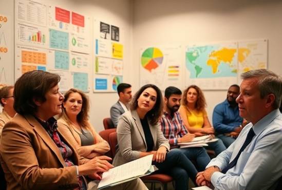 focused workshop training, attentive, participants taking notes and engaging with material, photorealistic, surrounded by colorful charts and diagrams on the walls, highly detailed, animated expressions, professional sharpness, warm tones, overhead lighting, shot with an 85mm lens.