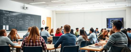 interactive workshop class, vibrant, students collaborating in small groups, photorealistic, in a bright classroom with large blackboards and digital screens, highly detailed, bustling learning environment, crisp clarity, multi-color, directional side lighting, shot with a 70-200mm zoom lens.