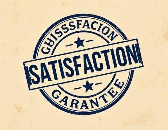 vintage Satisfaction Guarantee stamp, authoritative, pressed firm, photorealistic, over an aged parchment paper, highly detailed, ink slightly smudged, crisp lines, navy blue, chiaroscuro lighting, shot with a 50mm prime lens.