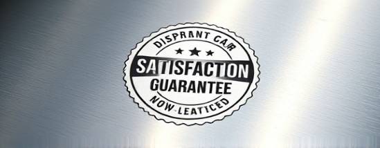 modern Satisfaction Guarantee seal, dependable, slightly tilted, photorealistic, on a sleek metal surface, highly detailed, glint of light, shiny reflection, metallic silver, bright studio lighting, shot with a 70-200mm telephoto lens.