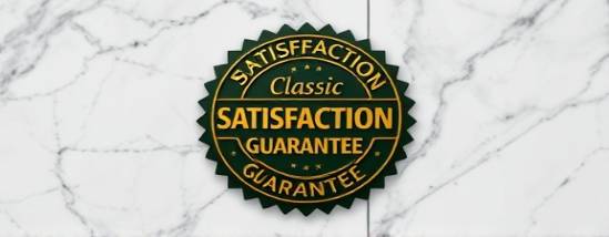 classic Satisfaction Guarantee emblem, proud, embossed, photorealistic, against a marble background, highly detailed, with slight shadows, intricate designs, dark green and gold, natural daylight, shot with an 85mm lens.