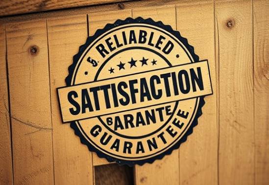 rustic Satisfaction Guarantee stamp, reliable, slightly worn, photorealistic, adhered to an old wooden crate, highly detailed, visible grains, faded look, sepia tones, warm diffused lighting, shot with a 100mm macro lens.
