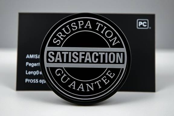 bold Satisfaction Guarantee emblem, confident, forward-facing, photorealistic, against a monochrome business card, highly detailed, subtle gloss, minimalist style, black with platinum accents, sharp directional lighting, shot with a 24-70mm zoom lens.