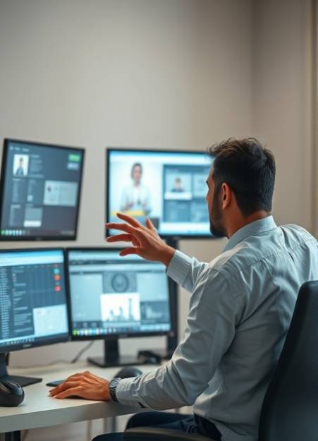 modern AI tutorial, engaging, guiding a user, photorealistic, a person sitting in front of a computer, highly detailed, multiple screens with animations, 35mm lens, neutral tones, natural lighting.