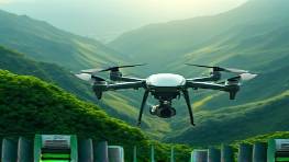 noble mission goal, hopeful, achieving technological harmony, photorealistic, serene natural environment with green valleys and digital structures, highly detailed, AI drones collecting data, 4K resolution, green and silver, morning sunlight, shot with a macro lens