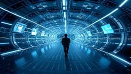 visionary AI journey, contemplative, navigating through digital spaces, photorealistic, high-tech landscape filled with holographic displays and digital pathways, highly detailed, data streams flowing, 16K resolution, azure and silver, ambient light, shot with a fish-eye lens