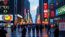 dynamic AI vision, forward-thinking, interpreting the future, photorealistic, bustling metropolis with citizens and AI interacting seamlessly, highly detailed, holograms displaying information, 4K resolution, multicolored, urban evening lights, shot with a tilt-shift lens