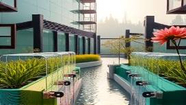 serene AI journey, enlightened, discovering balance between AI and humanity, photorealistic, peaceful garden with smart water systems and digital flora, highly detailed, AI assistants tending to plants, 8K resolution, pastel colors, soft morning light, shot with a wide-angle lens