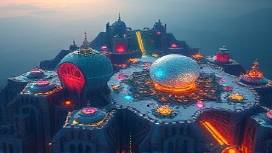 exhilarating AI quest, adventurous, pursuing unknown frontiers, photorealistic, digital landscape with ever-evolving terrains and shifting architecture, highly detailed, AI constructs altering forms, 16K resolution, vibrant colors, dynamic artificial lighting, shot with a drone camera