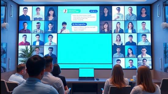 effective AI salary, focused expression, consulting with team, photorealistic, panoramic view of a bustling city, highly detailed, interactive digital whiteboard, full HD image, neutral beige tones, diffused natural light, shot with a prime lens.