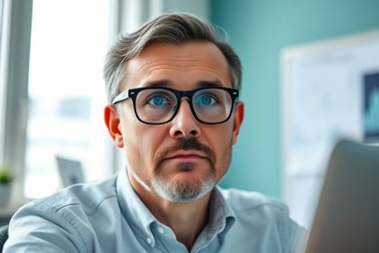 growing AI earnings, insightful expression, conducting a video call, photorealistic, contemporary home office setup, highly detailed, graphs reflecting on eyeglasses, 240 PPI, calming teal and white, backlit from window, shot with a zoom lens.