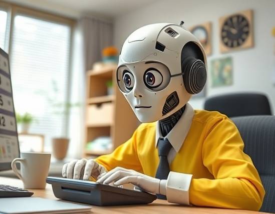 revolutionary AI salary, hopeful expression, calculating projections, photorealistic, suburban office environment, highly detailed, calculator and coffee cup on desk, ultra high resolution, bright yellows and whites, mixed ambient lighting, shot with a wide-angle lens.