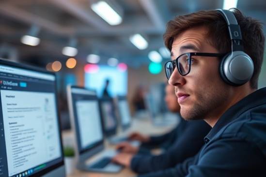 emerging AI jobs, curious expression, reviewing applications, photorealistic, tech-centric co-working space, highly detailed, resumes on digital displays, 6000 x 4000 pixels, pastel colors, under spotlights, shot with a macro lens.