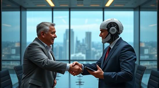 optimistic AI jobs, enthusiastic expression, shaking hands in agreement, photorealistic, corporate boardroom with skyline view, highly detailed, digital job listings on a tablet, ultra high definition, vibrant orange highlights, fluorescent overhead lighting, shot with a 24mm lens.