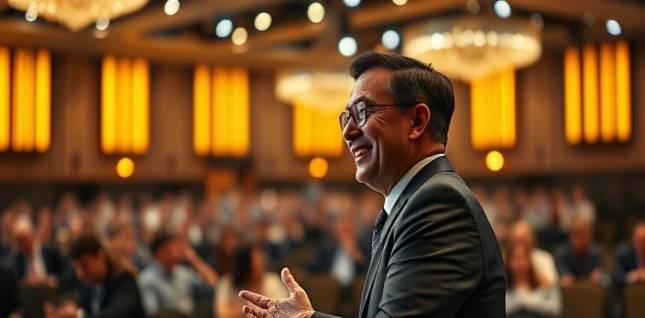 scalable AI revenue, satisfied expression, presenting to audience, photorealistic, large conference hall setting, highly detailed, holograms of financial growth, 8k resolution, rich gold and silver, spotlit stage lighting, shot with a 70-200mm lens.